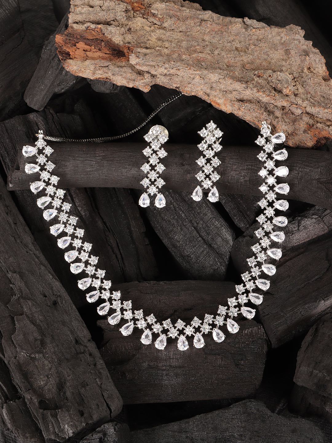 Silver Toned White AD Studded Jewellery Set