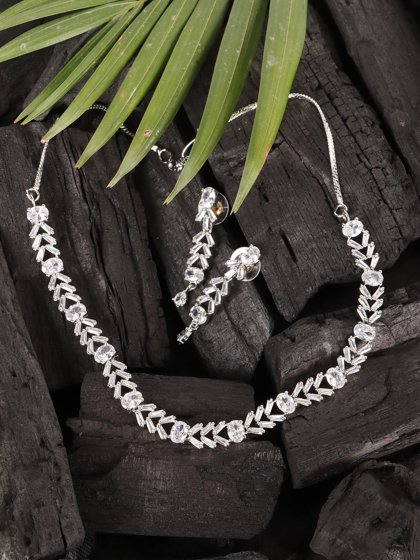 Silver-Plated White AD Stone Studded Handcrafted Jewellery Set