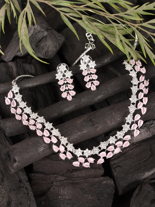 Silver-Plated Pink & White AD-Studded Jewellery Set
