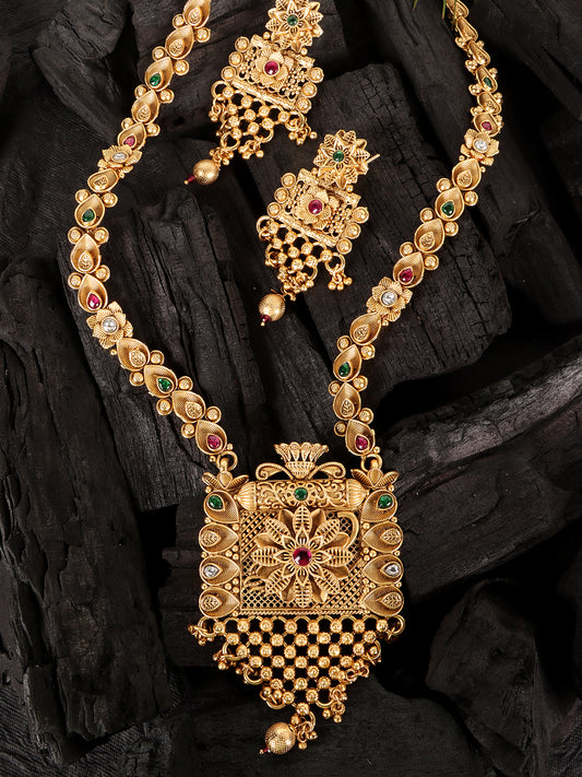 Gold Plated Green & White Stone Studded Jewellery Set