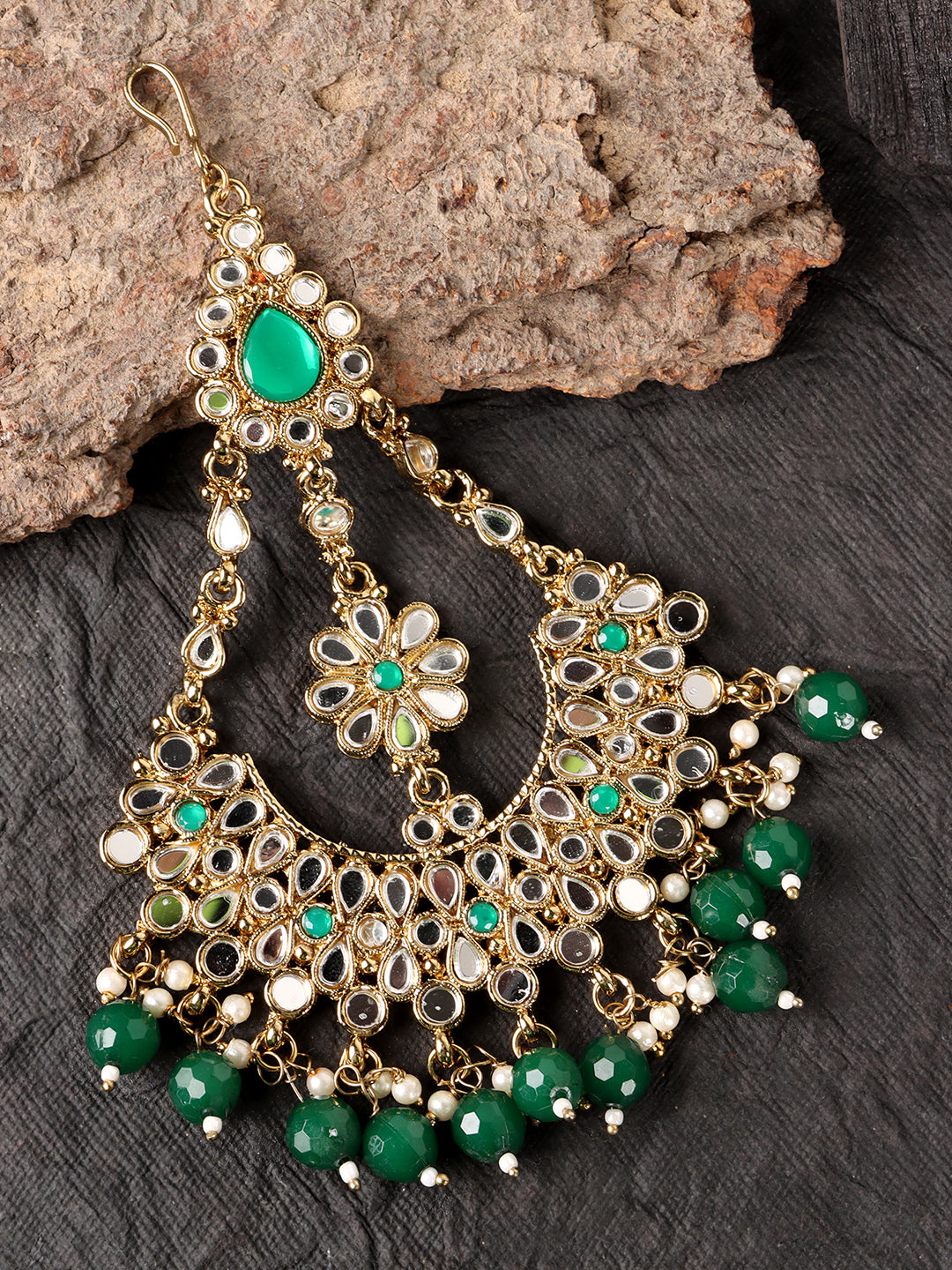 Gold Plated Green & White Kundan-Studded & Beaded Jhumar