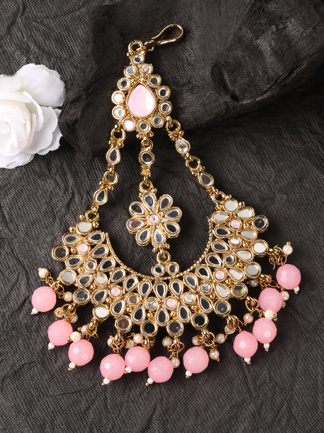 Gold-Plated White & Pink Kundan-Studded & Beaded Handcrafted Jhumar Passa