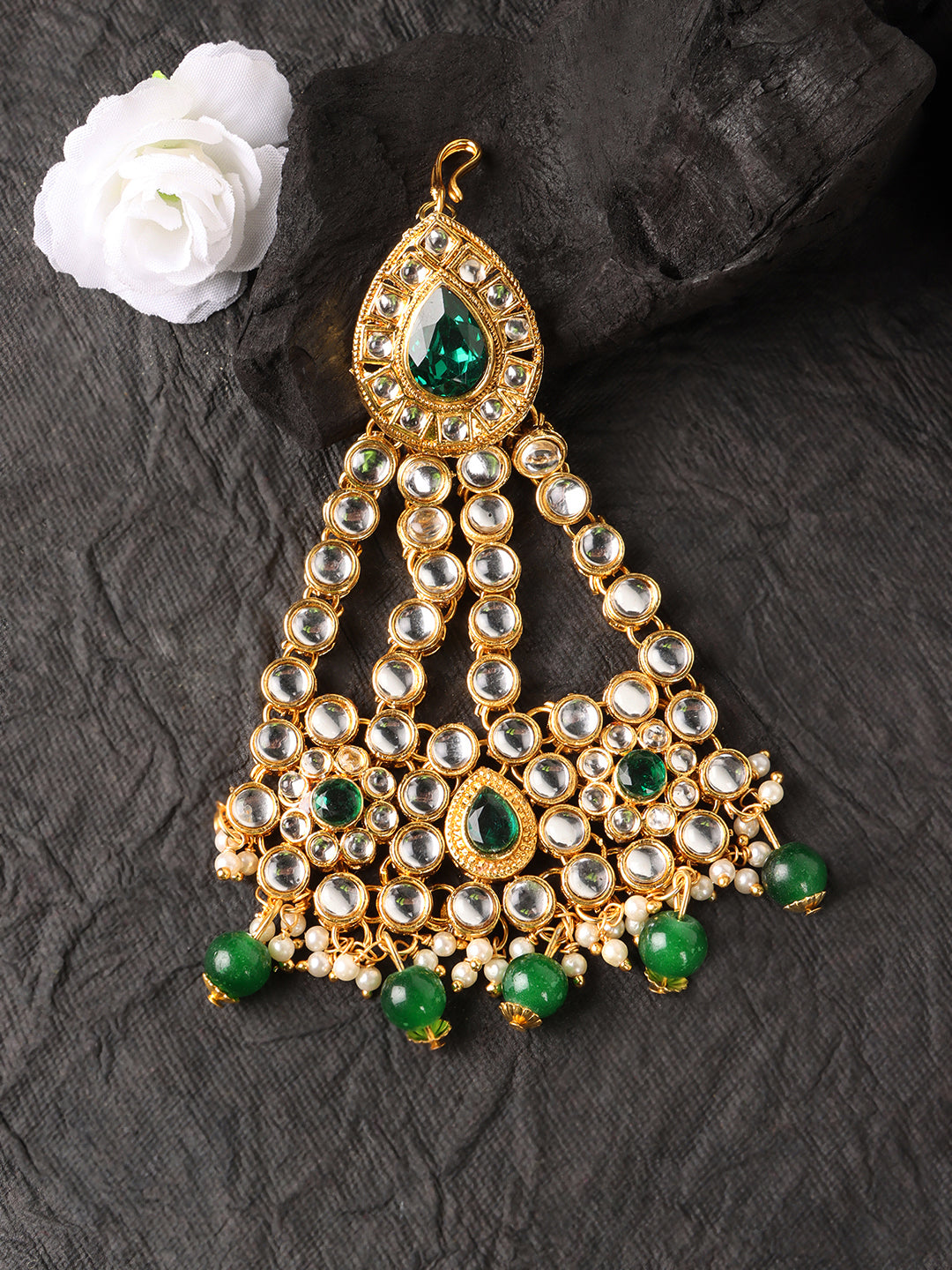 Gold-Plated Green Kundan Studded Jhumar Passa Head Jewellery