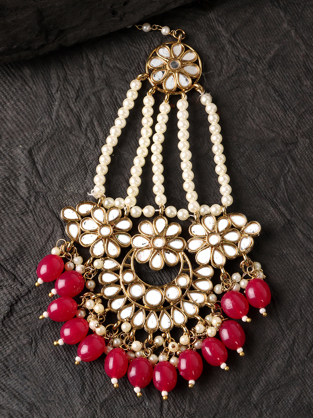 Gold-Plated Red Kundan-Studded & Pearl Beaded Jhumar Passa