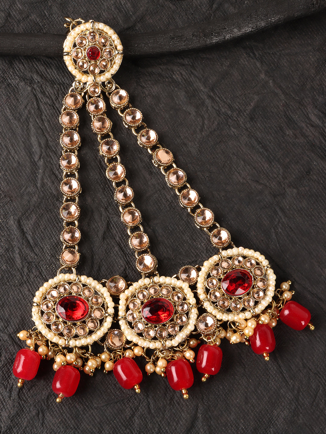 Gold-Plated Red & White Kundan-Studded & Beaded Handcrafted Jhumar Passa