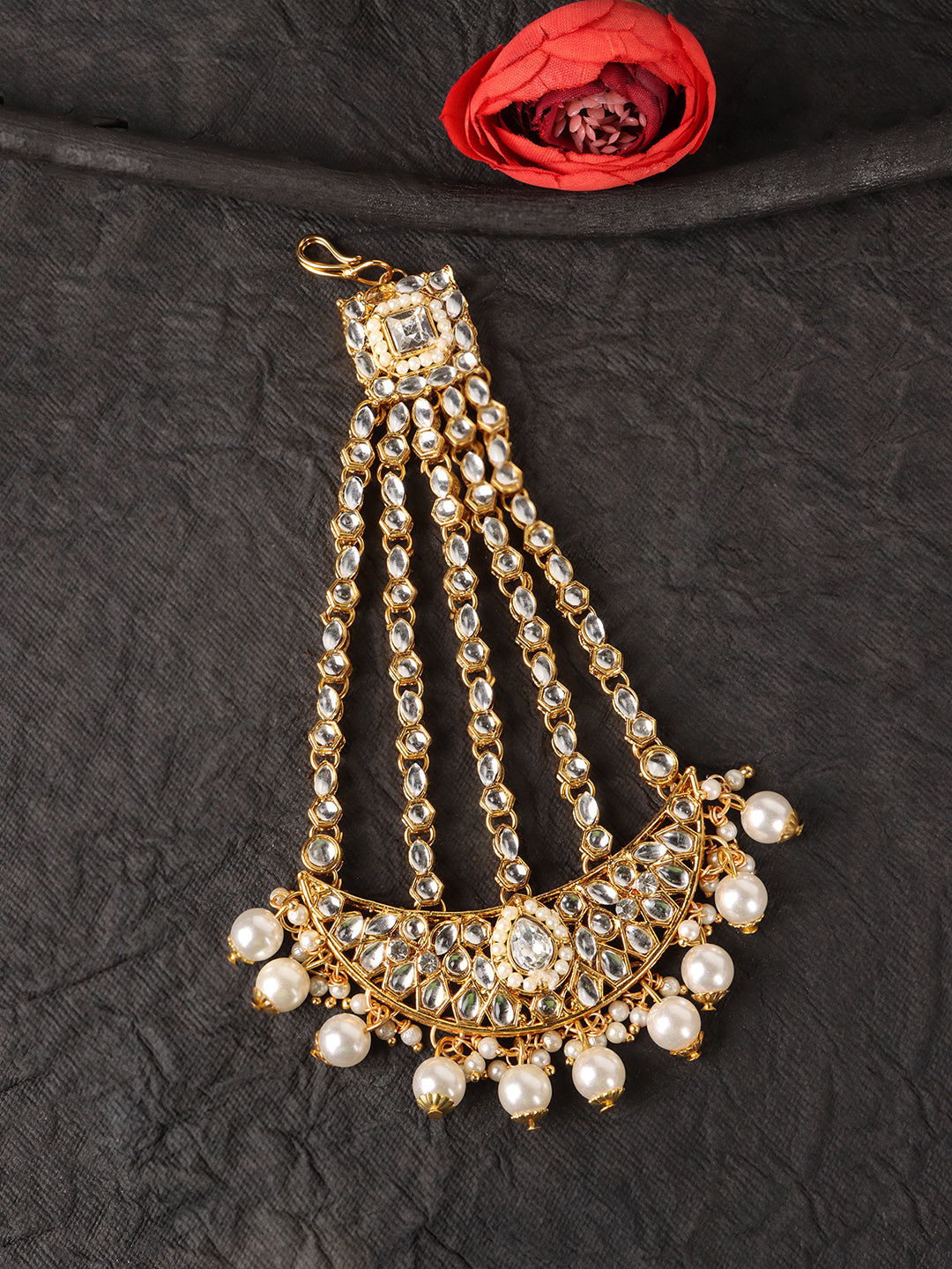 Gold-Plated & White Kundan-Studded Jhumar passa Head Jewellery