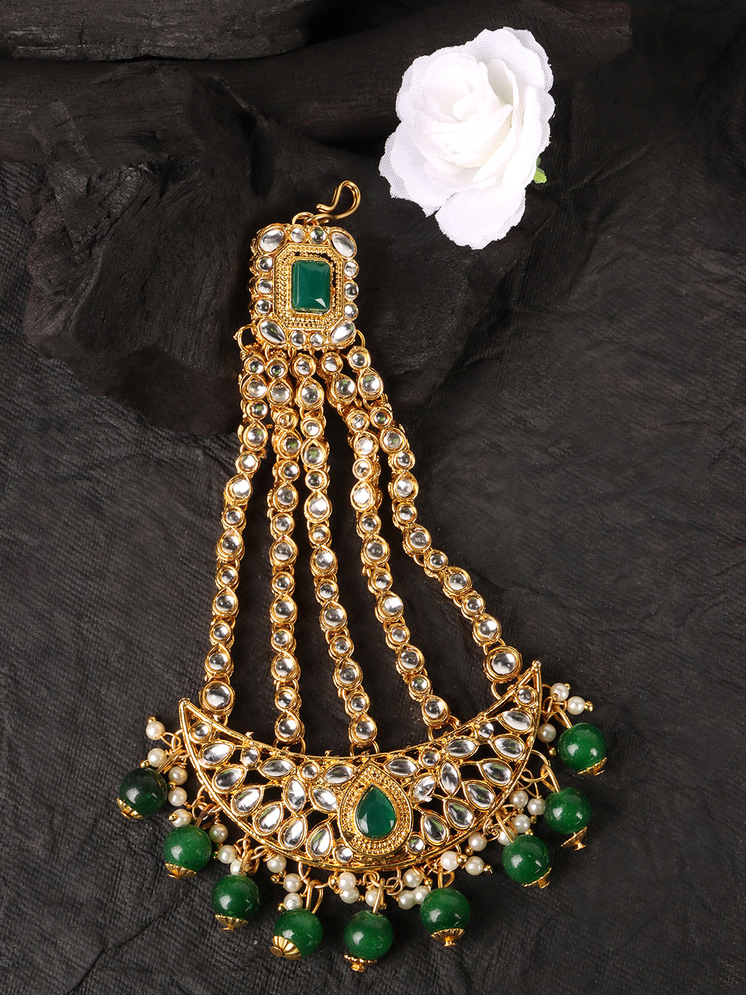 Gold Plated Green & Beige Kundan-Studded & Beaded Jhumar