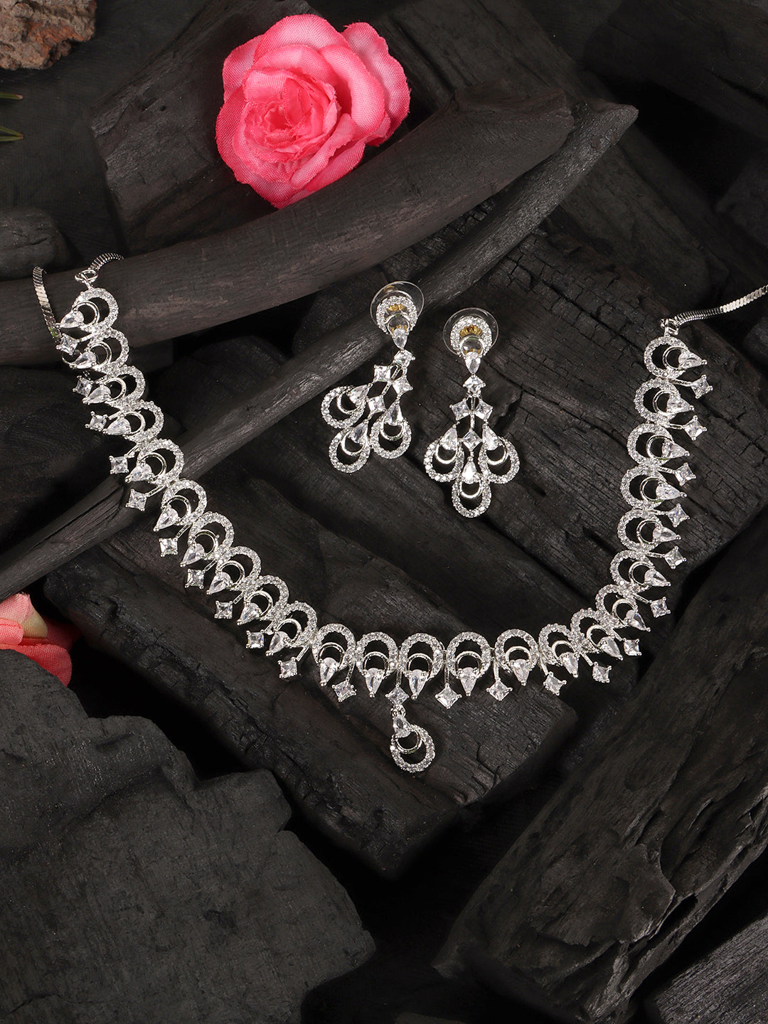 Rhodium-Plated Silver-Toned White AD-Studded Jewellery Set