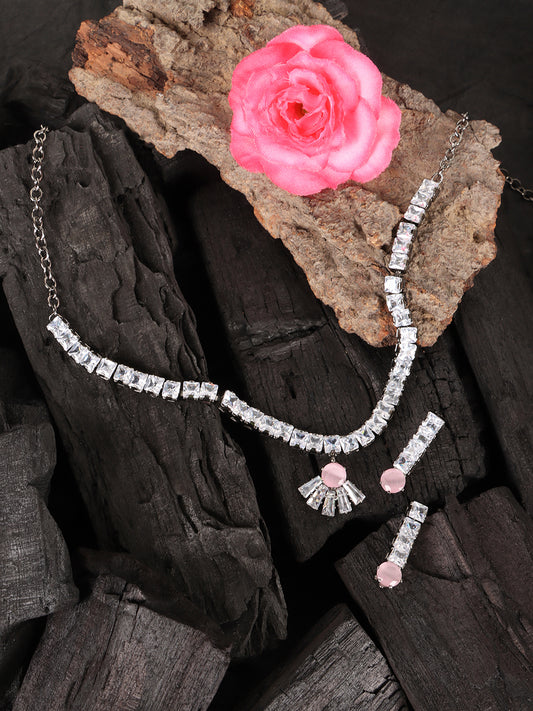 Silver-Plated White & Pink AD-Studded Jewellery Set