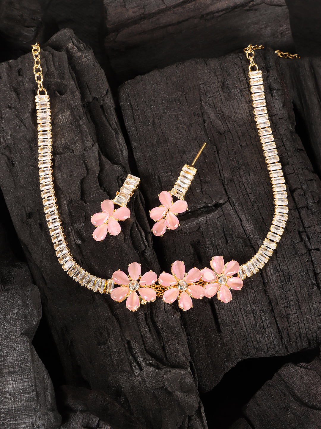 Gold-Plated Pink Stone Studded Jewellery Set