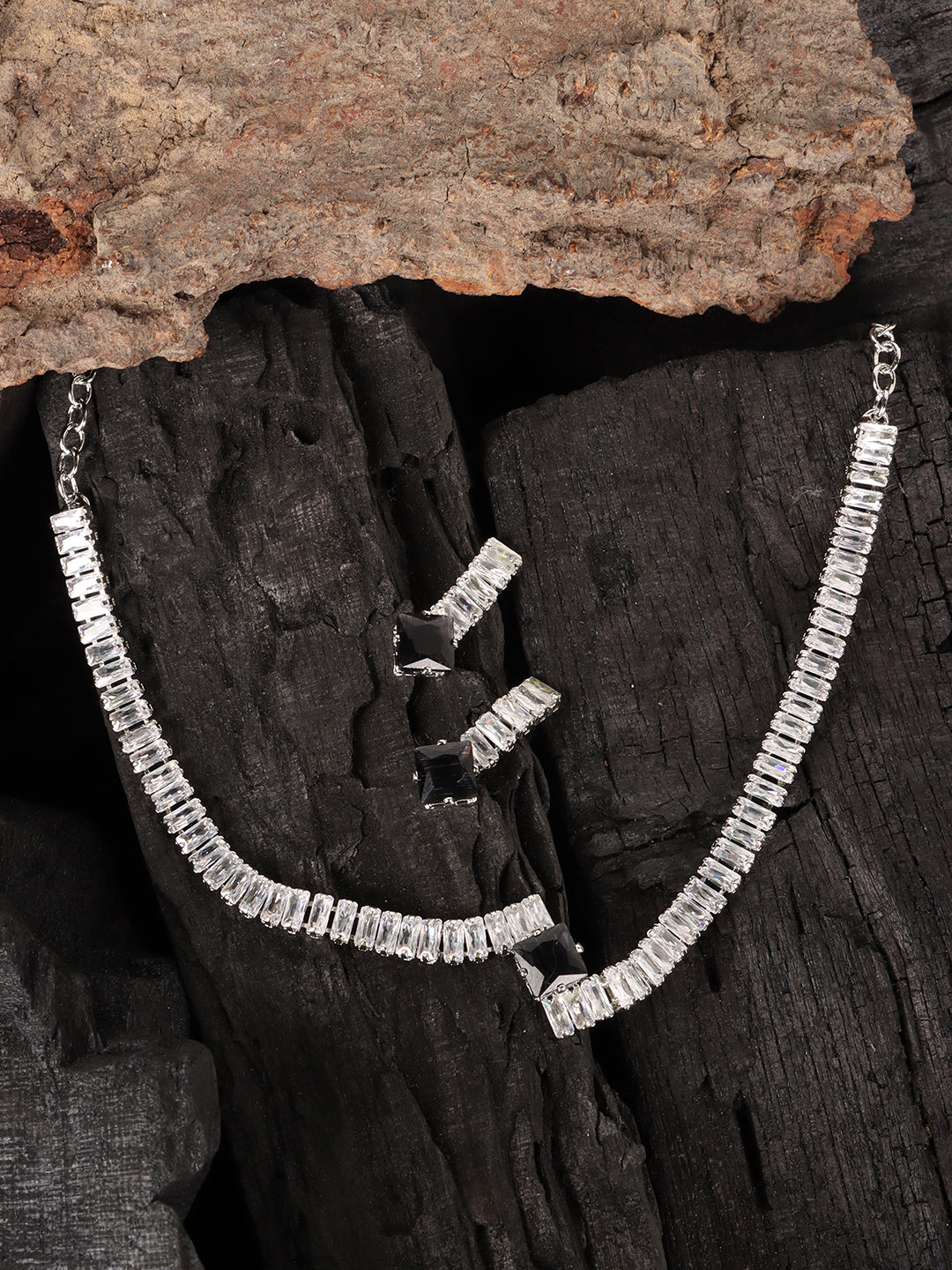 Rhodium-Plated White & BlackAD-Studded Jewellery Set