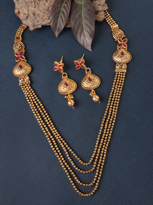 Gold-Plated Maroon Stone-Studded & Beaded Jewellery Set