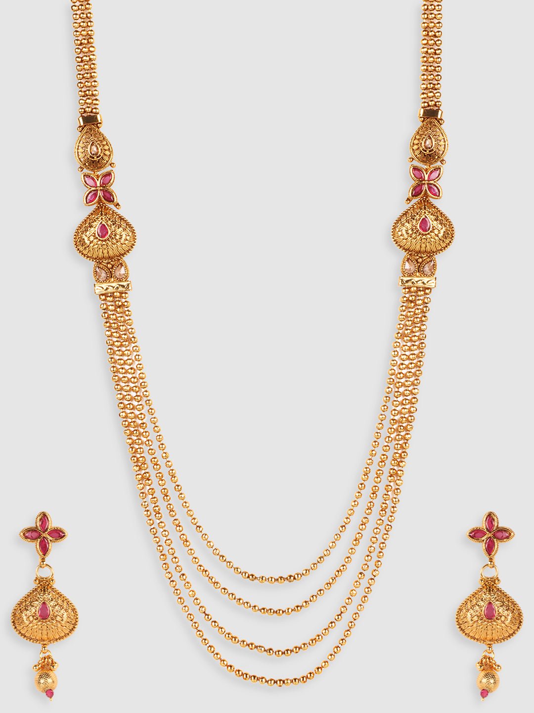Gold-Plated Maroon Stone-Studded & Beaded Jewellery Set