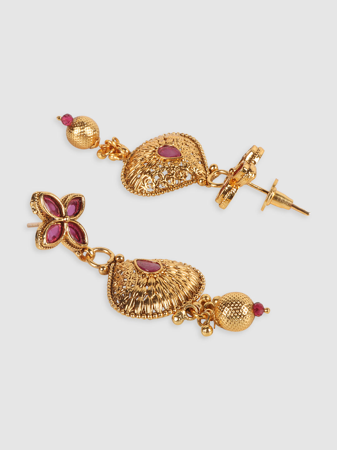 Gold-Plated Maroon Stone-Studded & Beaded Jewellery Set