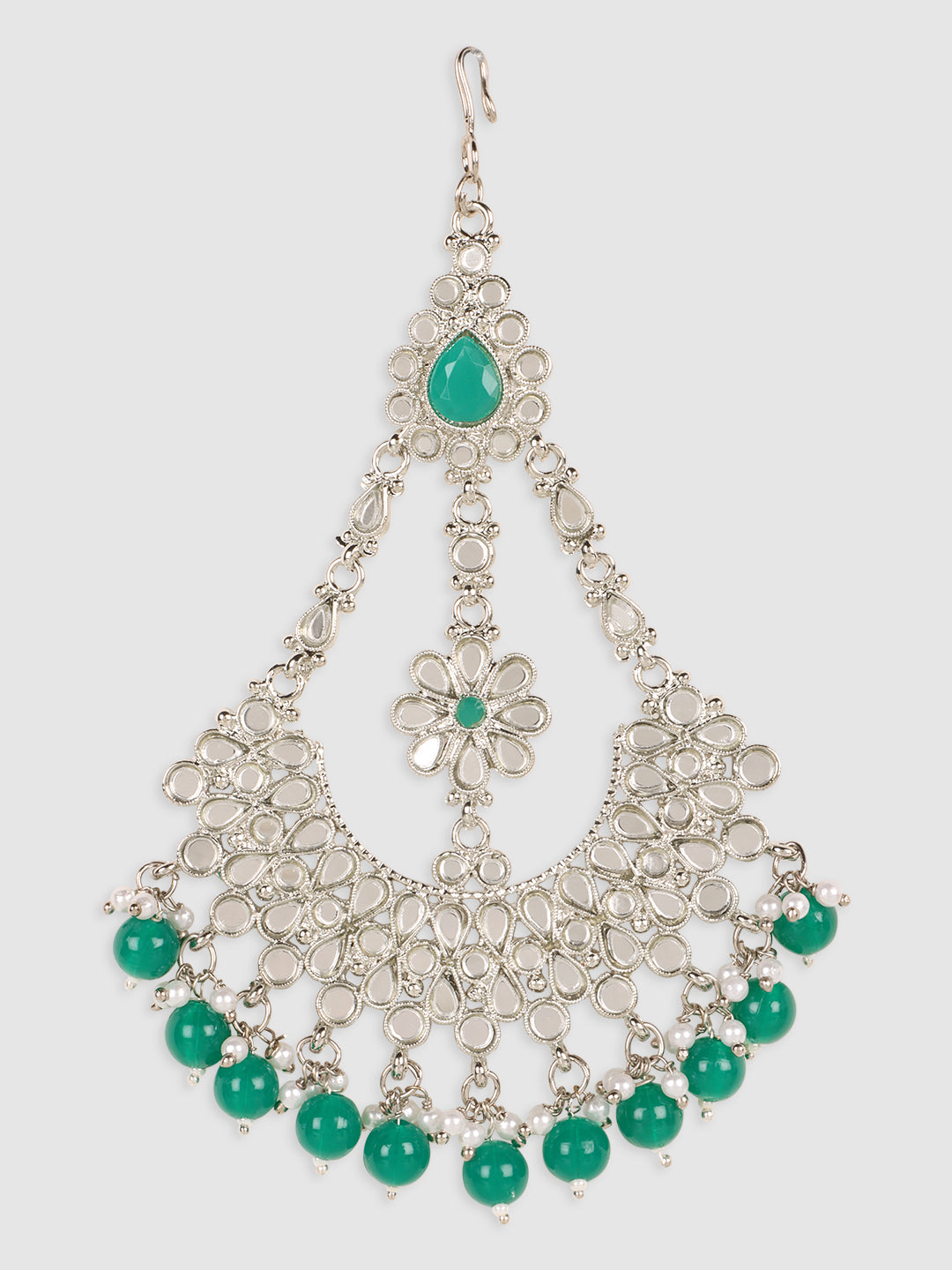 Silver-Plated Green Kundan Studded Jhumar Passa