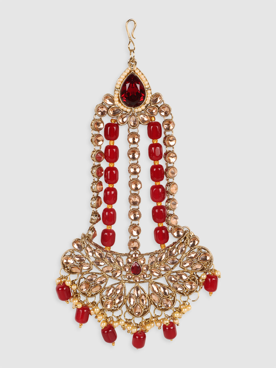 Gold-Plated & Red Kundan-Studded & Pearl Beaded Jhumar Passa