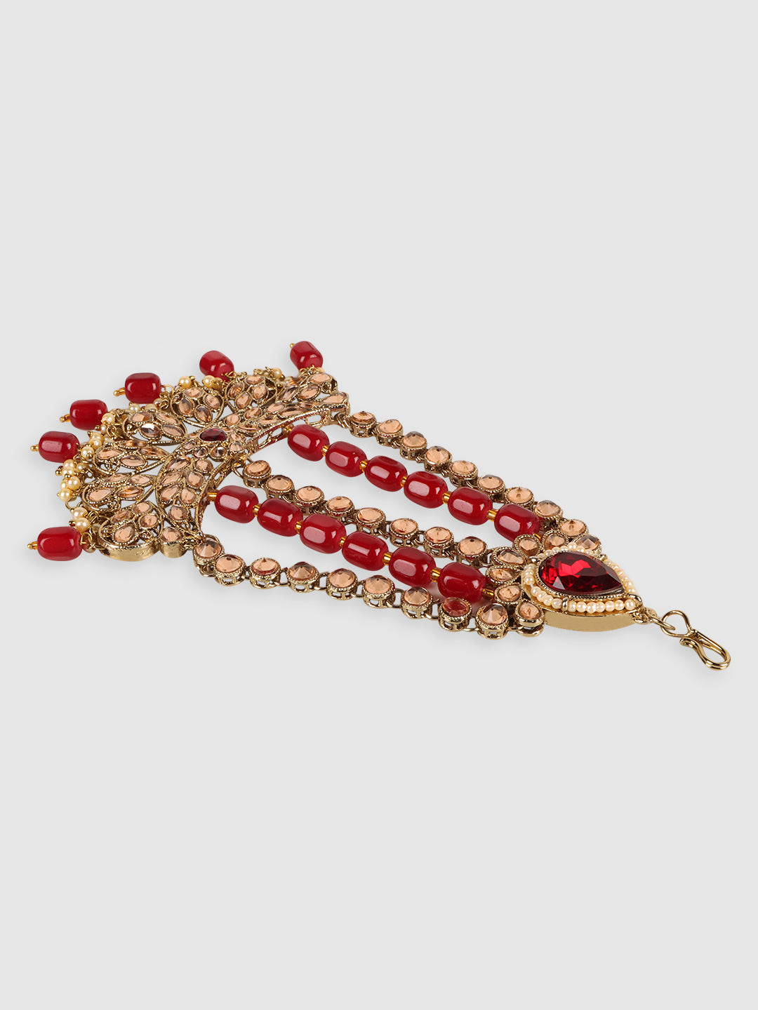 Gold-Plated & Red Kundan-Studded & Pearl Beaded Jhumar Passa