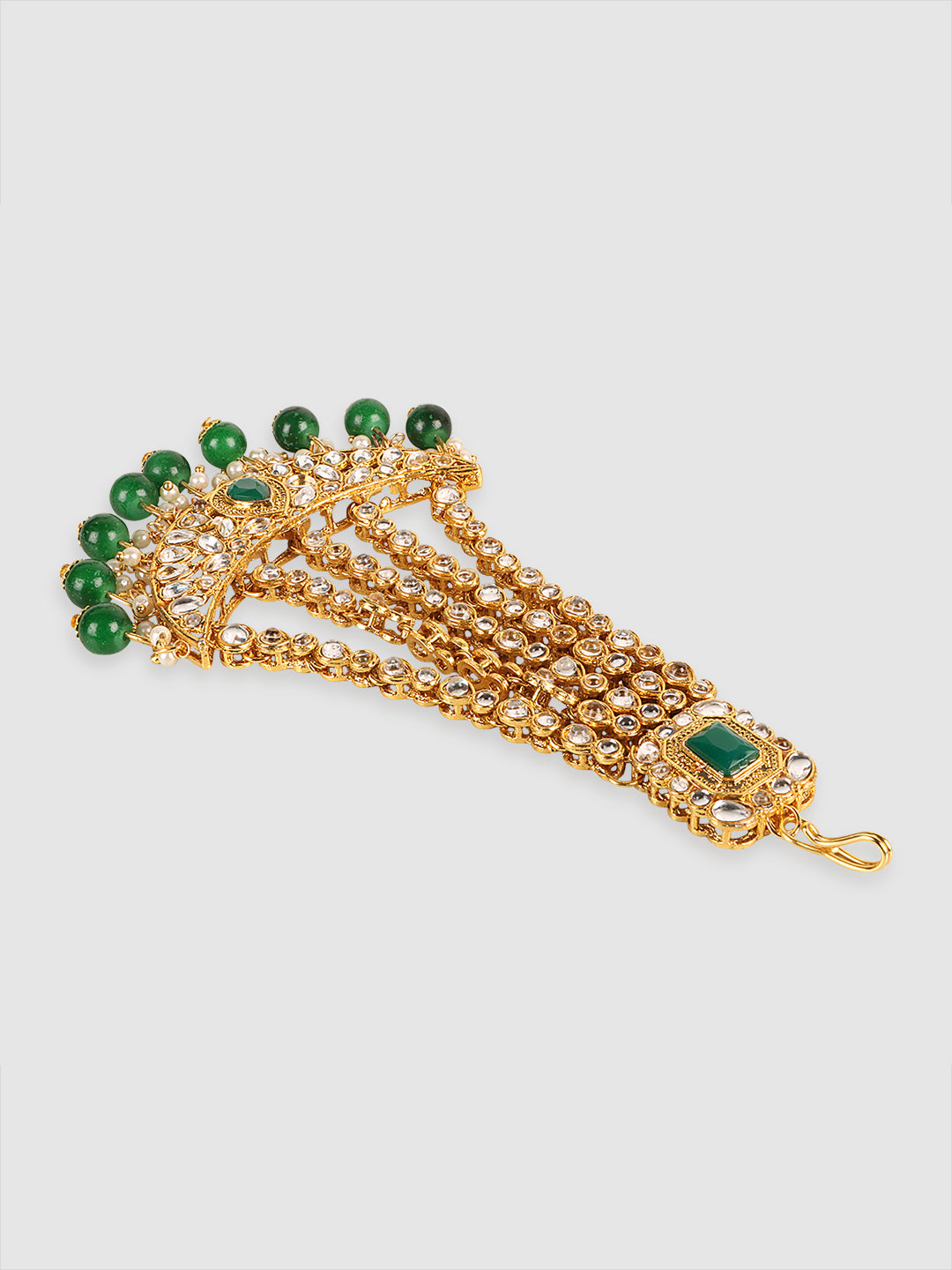 Gold Plated Green & Beige Kundan-Studded & Beaded Jhumar