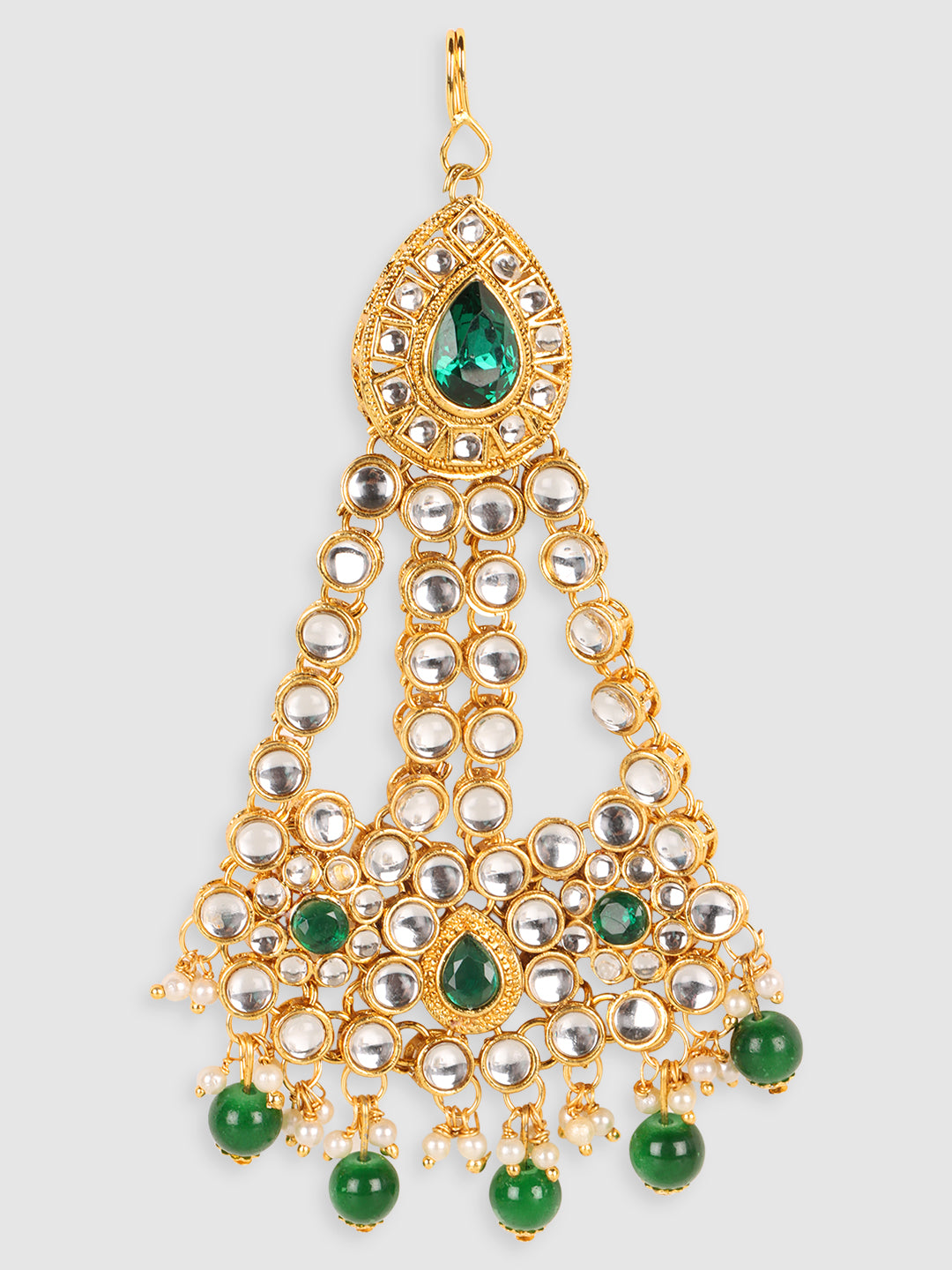 Gold-Plated Green Kundan Studded Jhumar Passa Head Jewellery