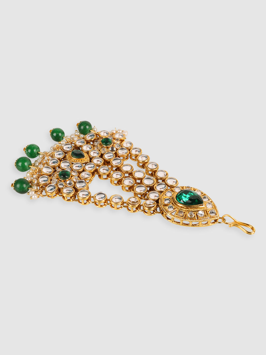 Gold-Plated Green Kundan Studded Jhumar Passa Head Jewellery