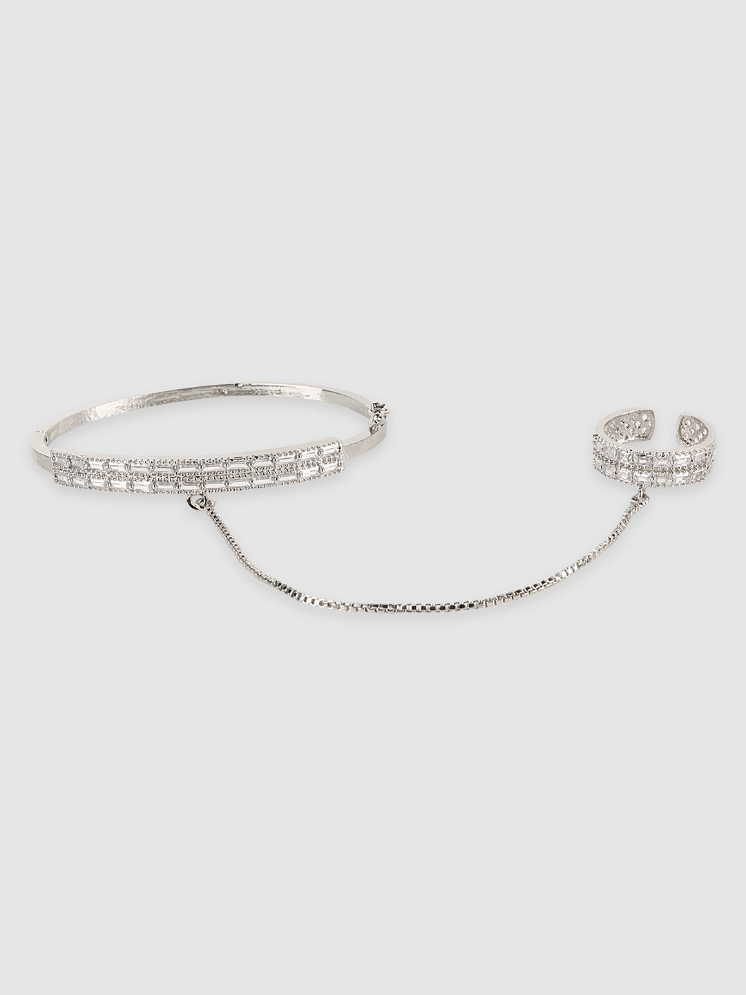 Women Silver-Toned Silver-Plated Crystal Studded Ring Bracelet