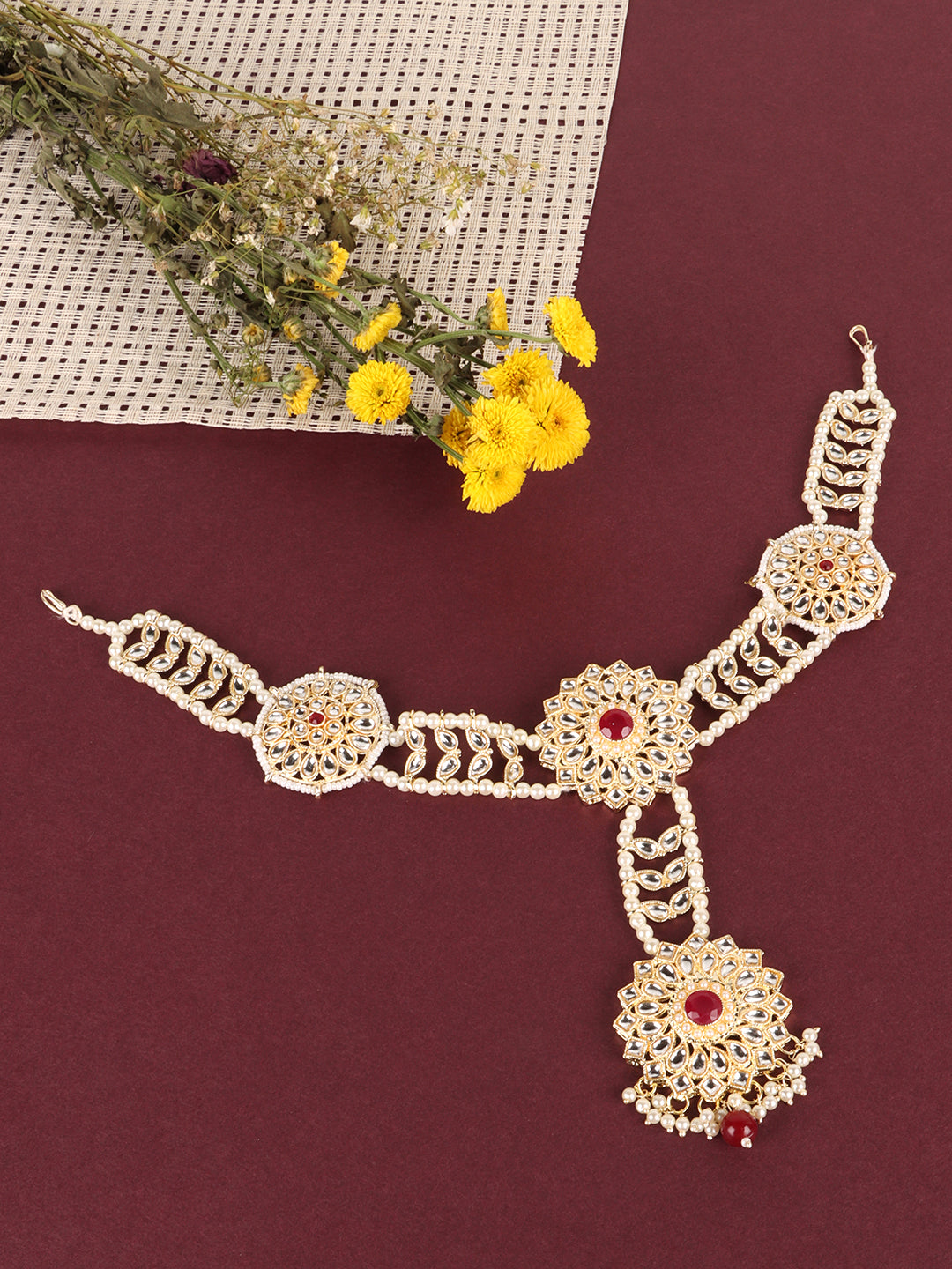 Gold-Plated Maroon Kundan Studded SheeshPhool Head Jewellery