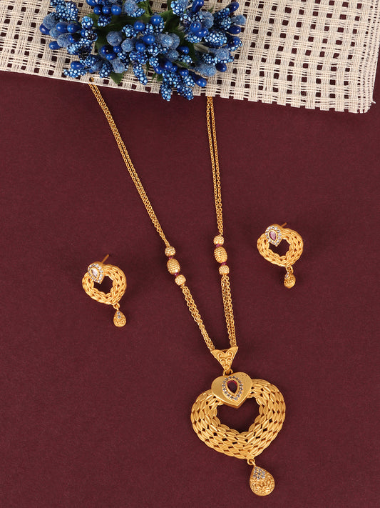 Gold-Plated Pink Stone Studded Heart Shape Jewellery Set