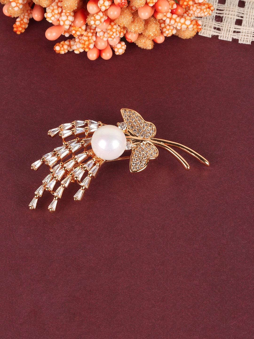 Women Gold Plated White CZ Studded Brooch
