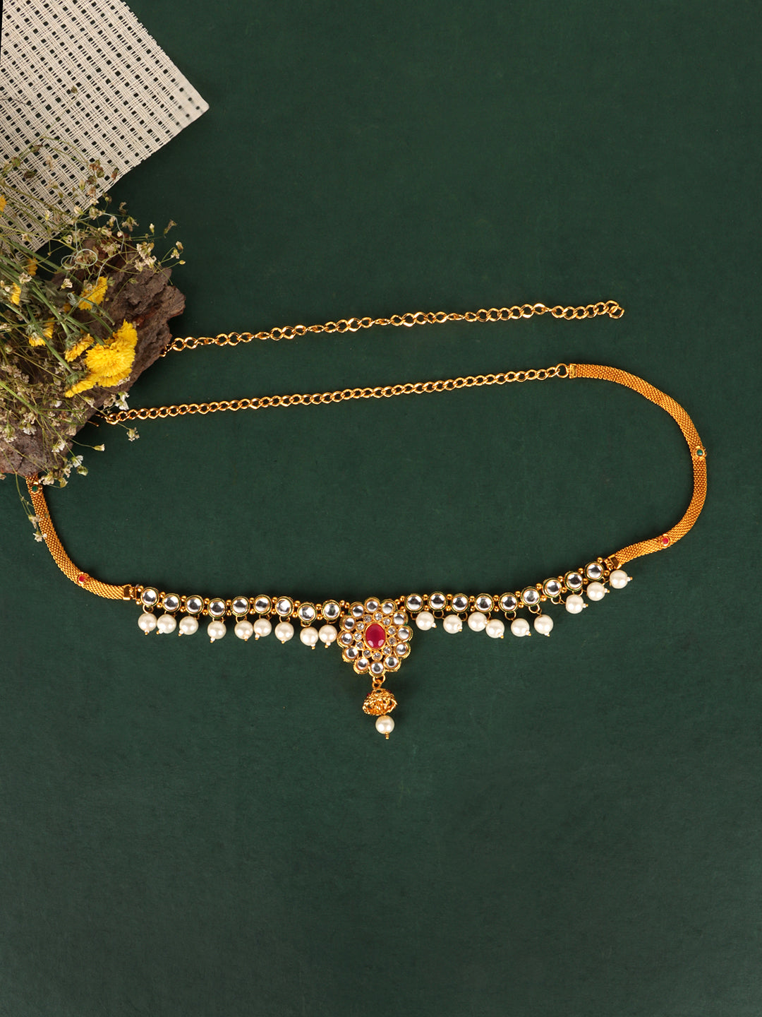 Gold-Plated White CZ-Studded & Beaded Waist Chain