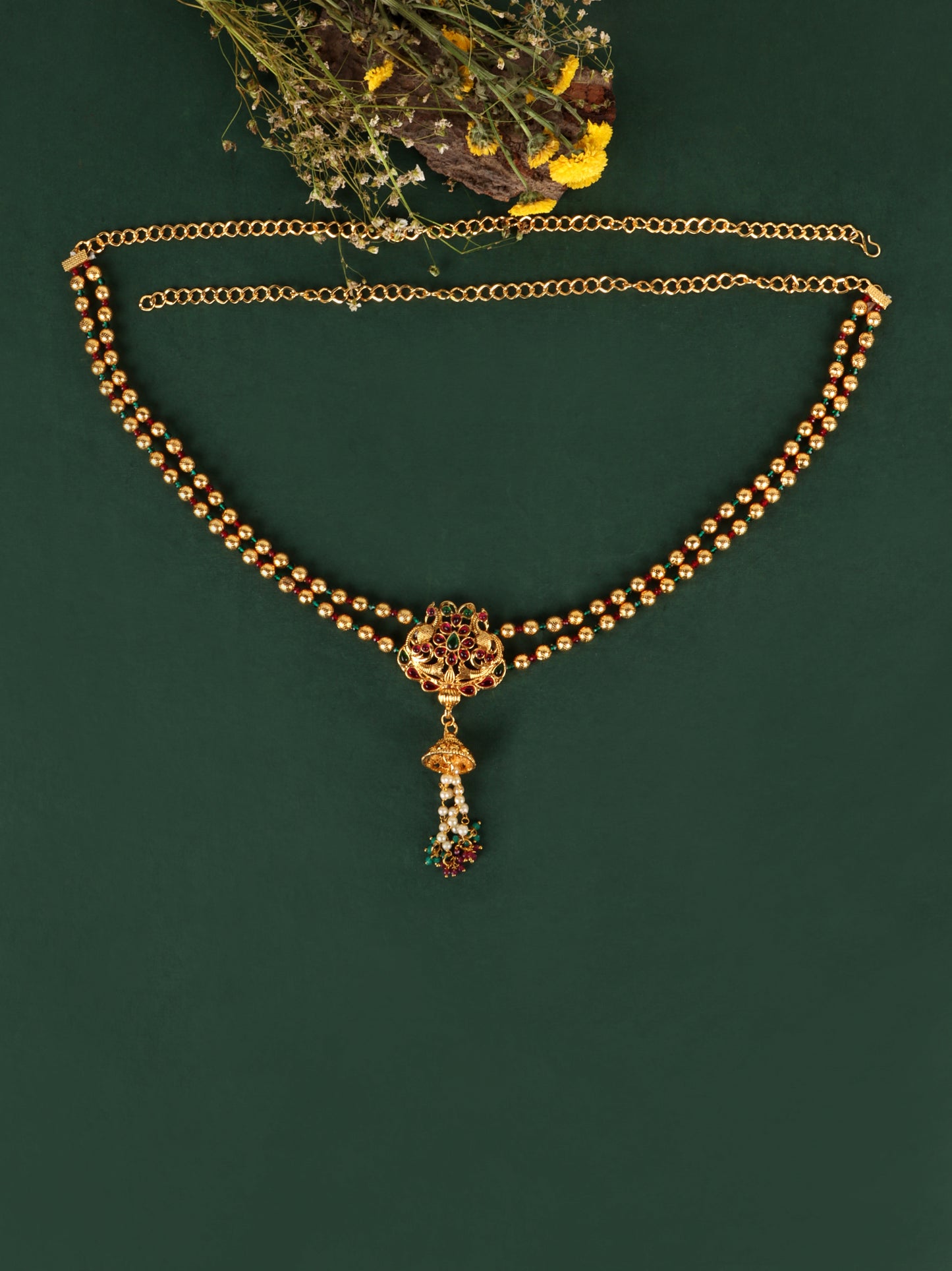 Women Gold-Plated Red & Green CZ-Studded & Beaded Waist Chain