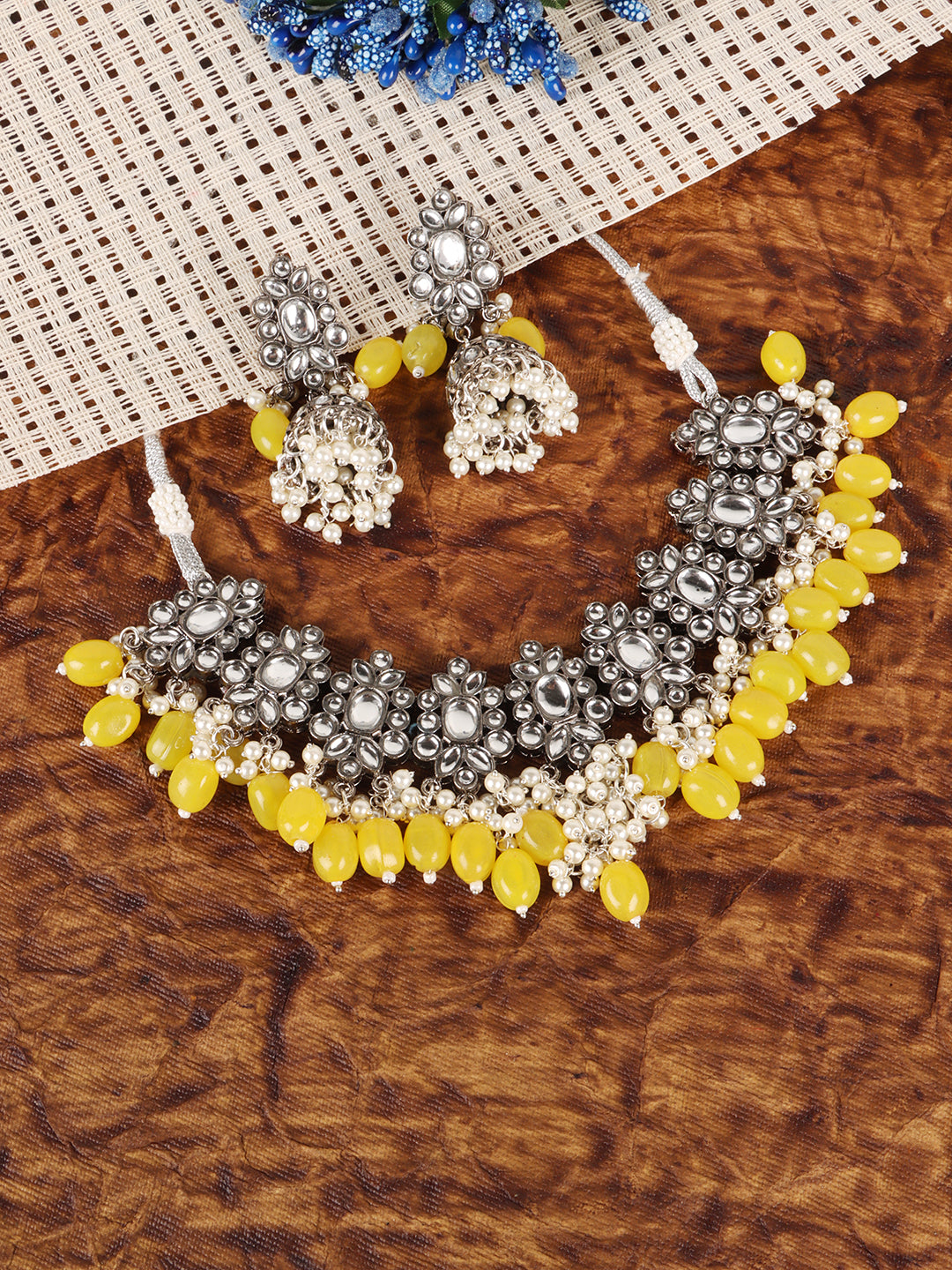 Rhodium-Plated & Yellow, Pink  Beads Floral Designed Jewellery Set