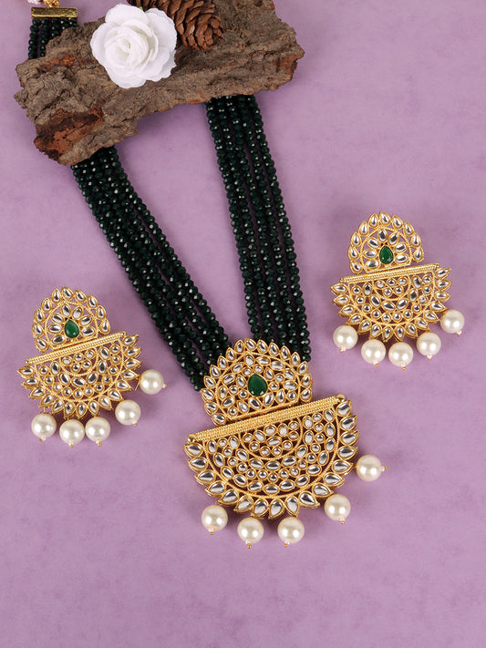 Gold-Plated Green Emerald Beaded & White Kundan Studded Jewellery Set
