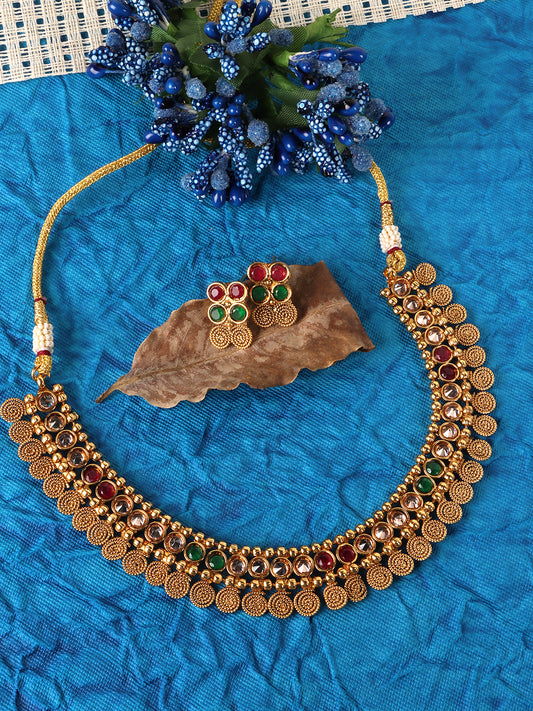 Women Gold-Plated Red & Green Stone Studded Jewellery Set