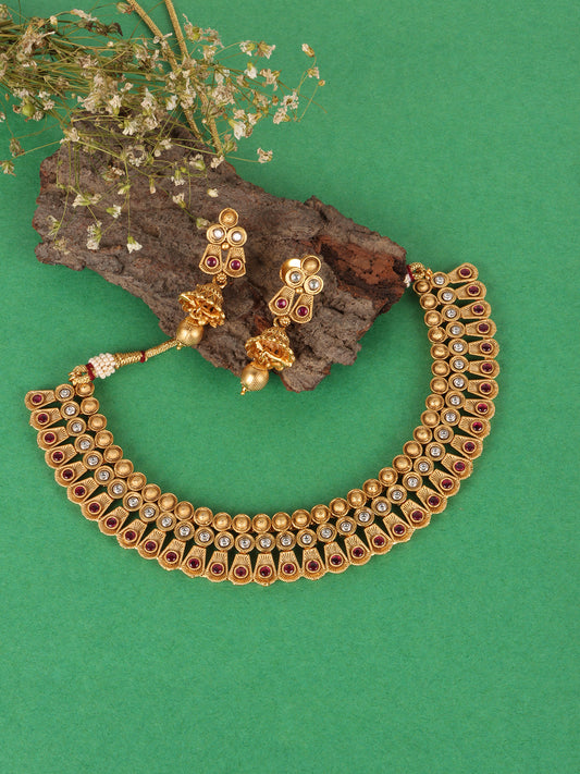 Women Gold-Plated Pink & White Stone Studded Jewellery Set