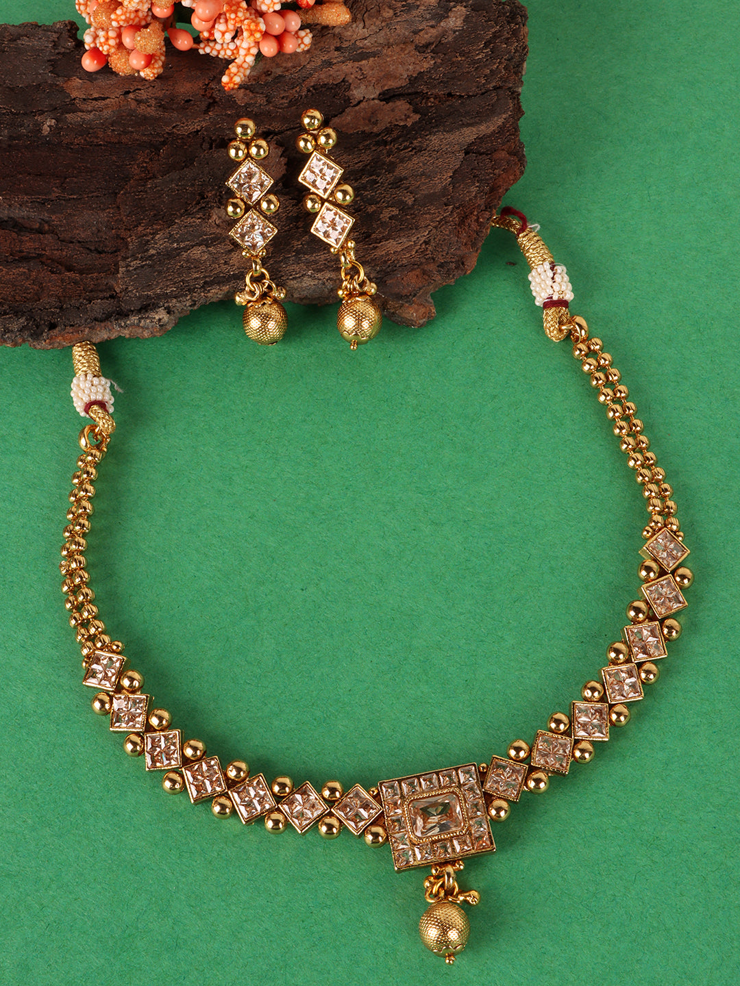 Gold-Plated Artificial Stones Studded Handcrafted Jewellery Set