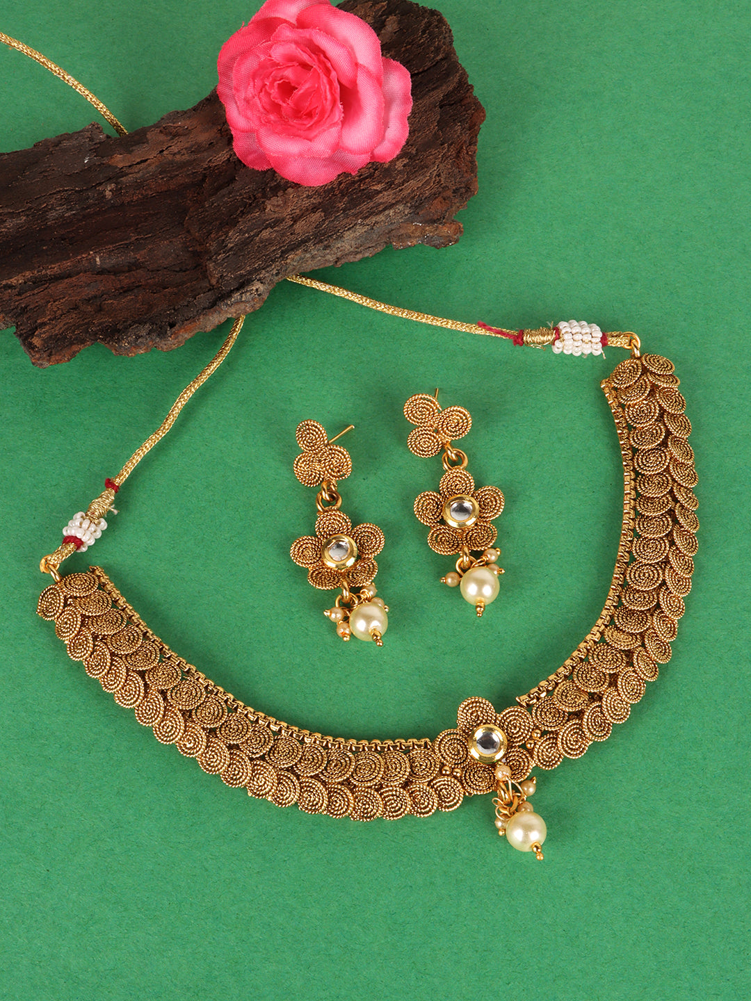 Gold-Plated White Pearls-Studded Double Chain Jewellery Set