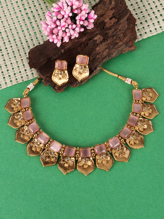 Gold-Plated Pink Stone Studded Choker Jewellery Set