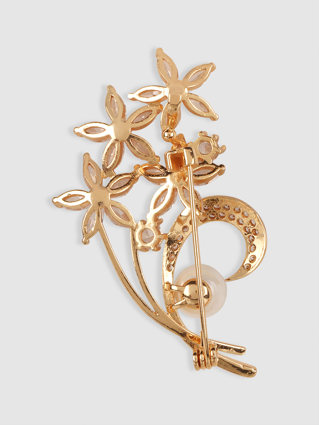 Women Gold-Plated White CZ Studded Brooch