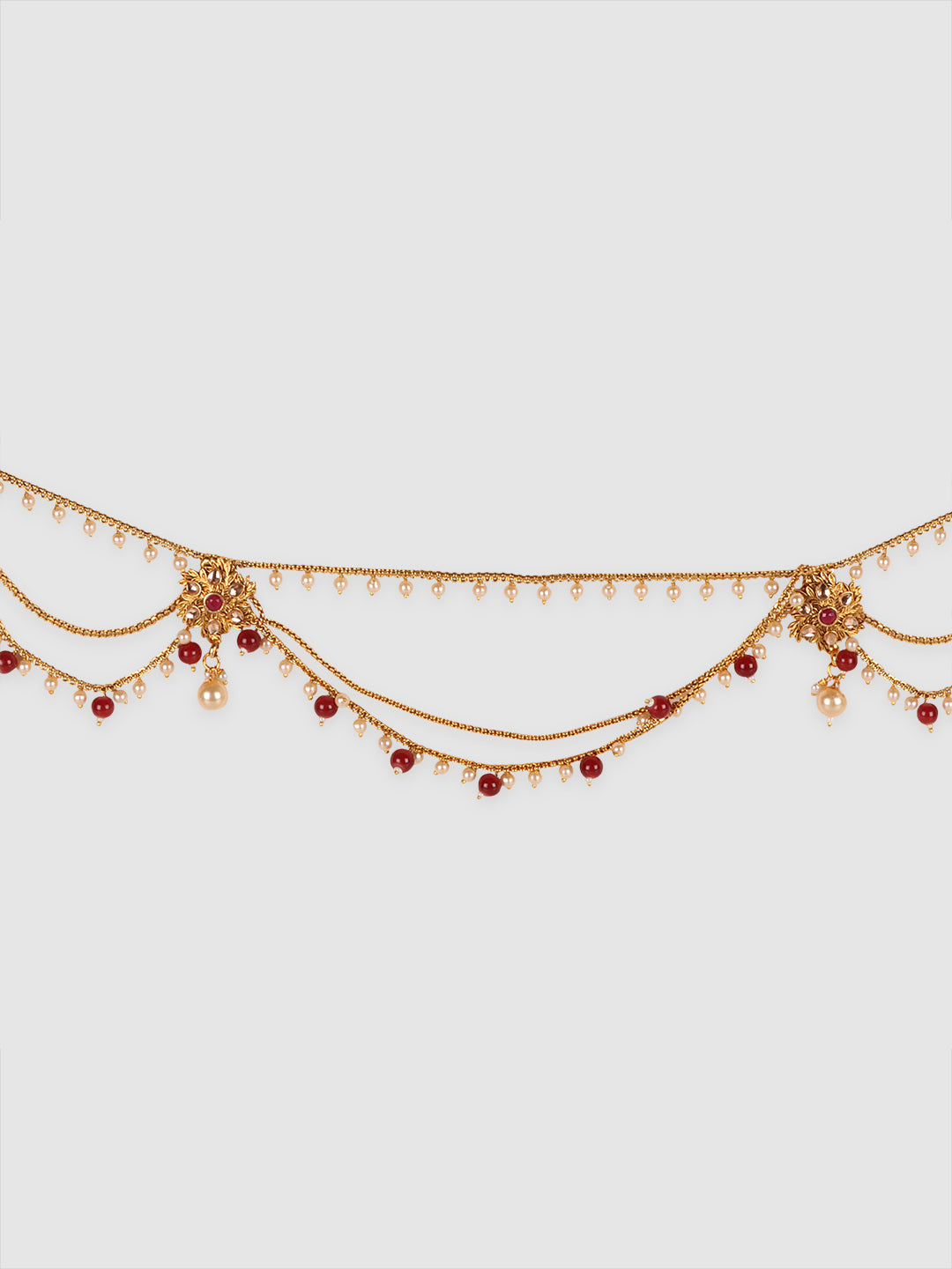 Women Gold Plated Red CZ-Studded & Beaded Kamarband