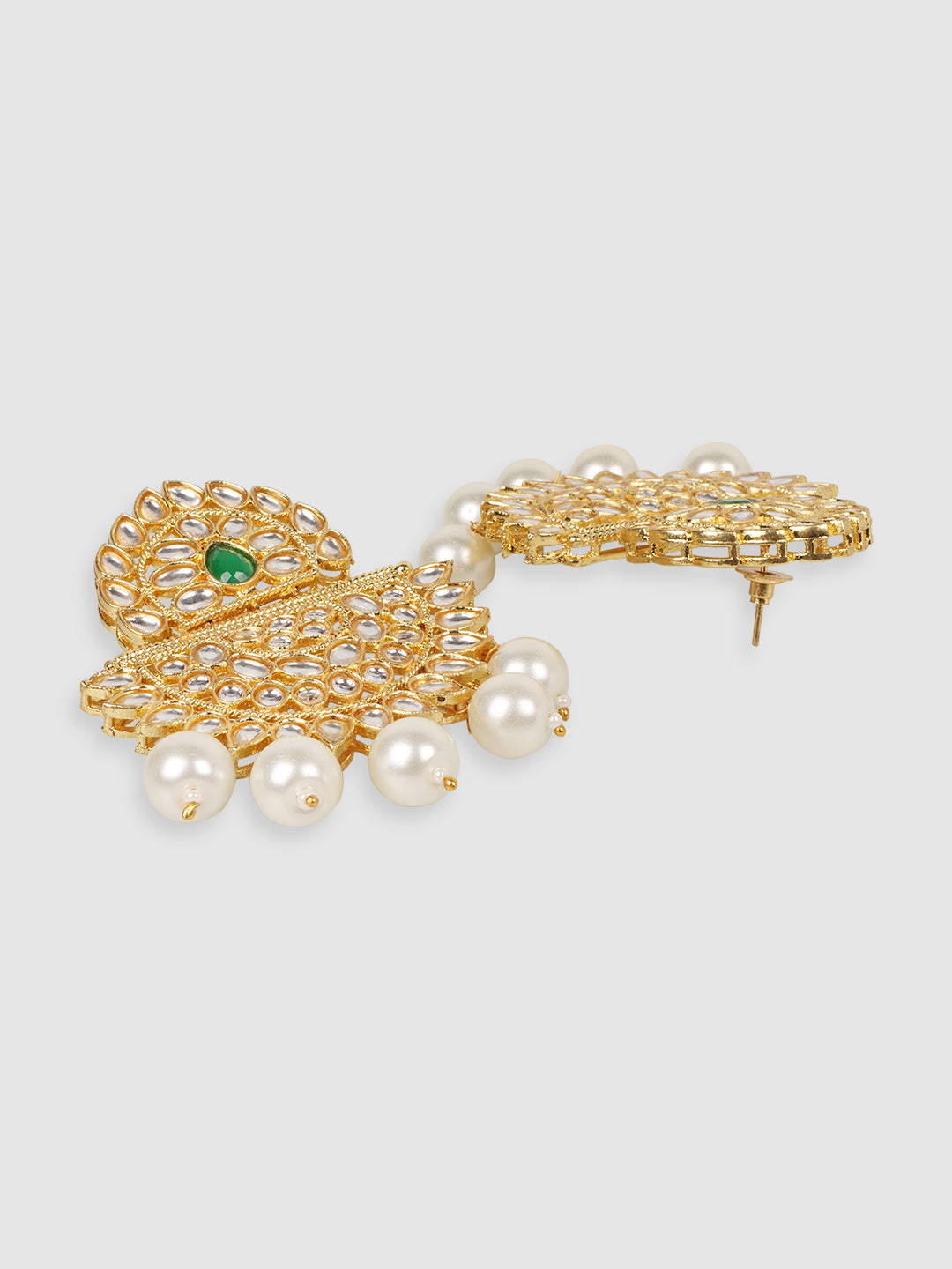 Gold-Plated Green Emerald Beaded & White Kundan Studded Jewellery Set