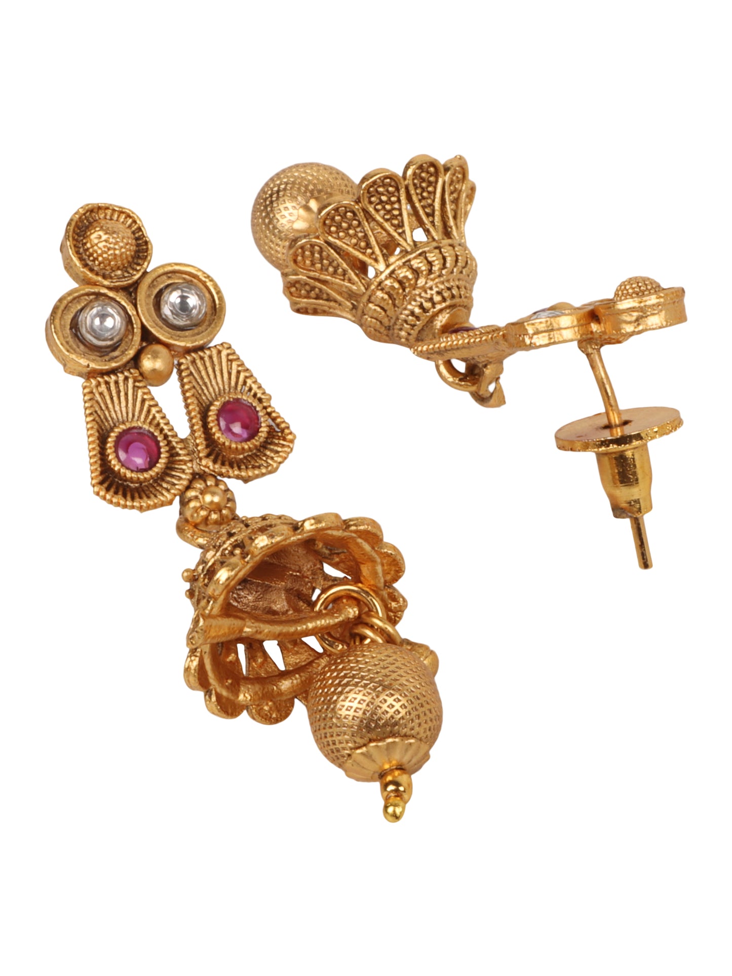 Women Gold-Plated Pink & White Stone Studded Jewellery Set