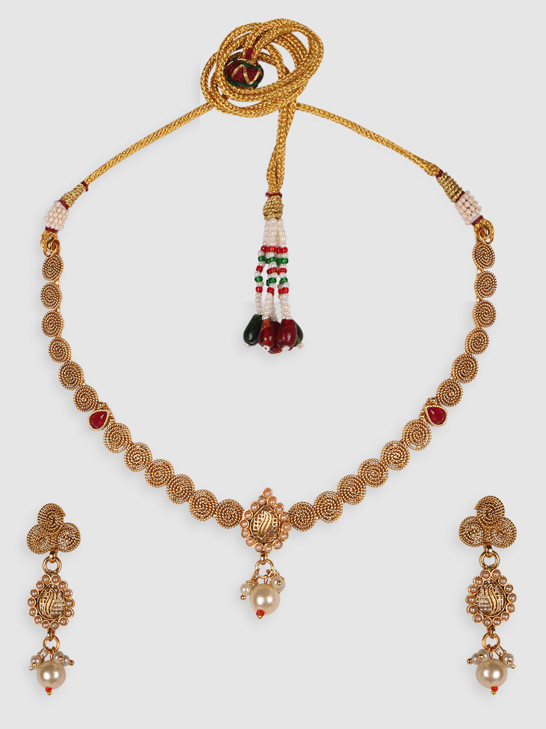 Gold-Plated White & Maroon Stone-Studded Jewellery Set