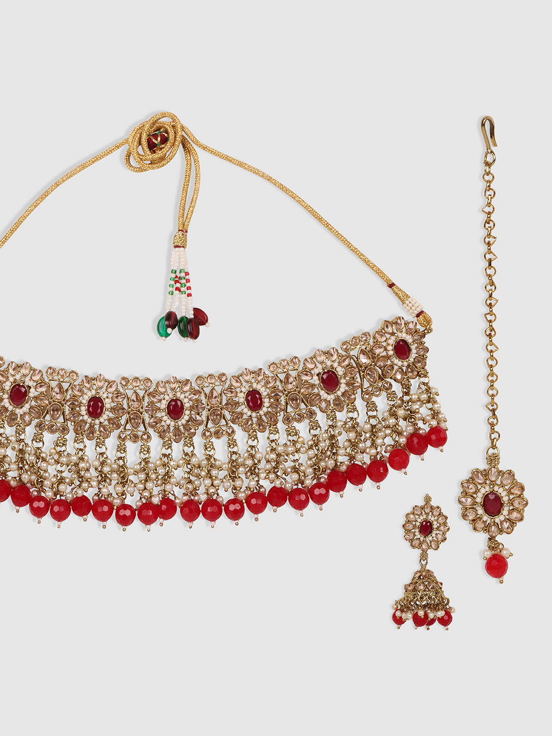 Gold-Plated Red Stone-Studded & Beaded Jewellery Set