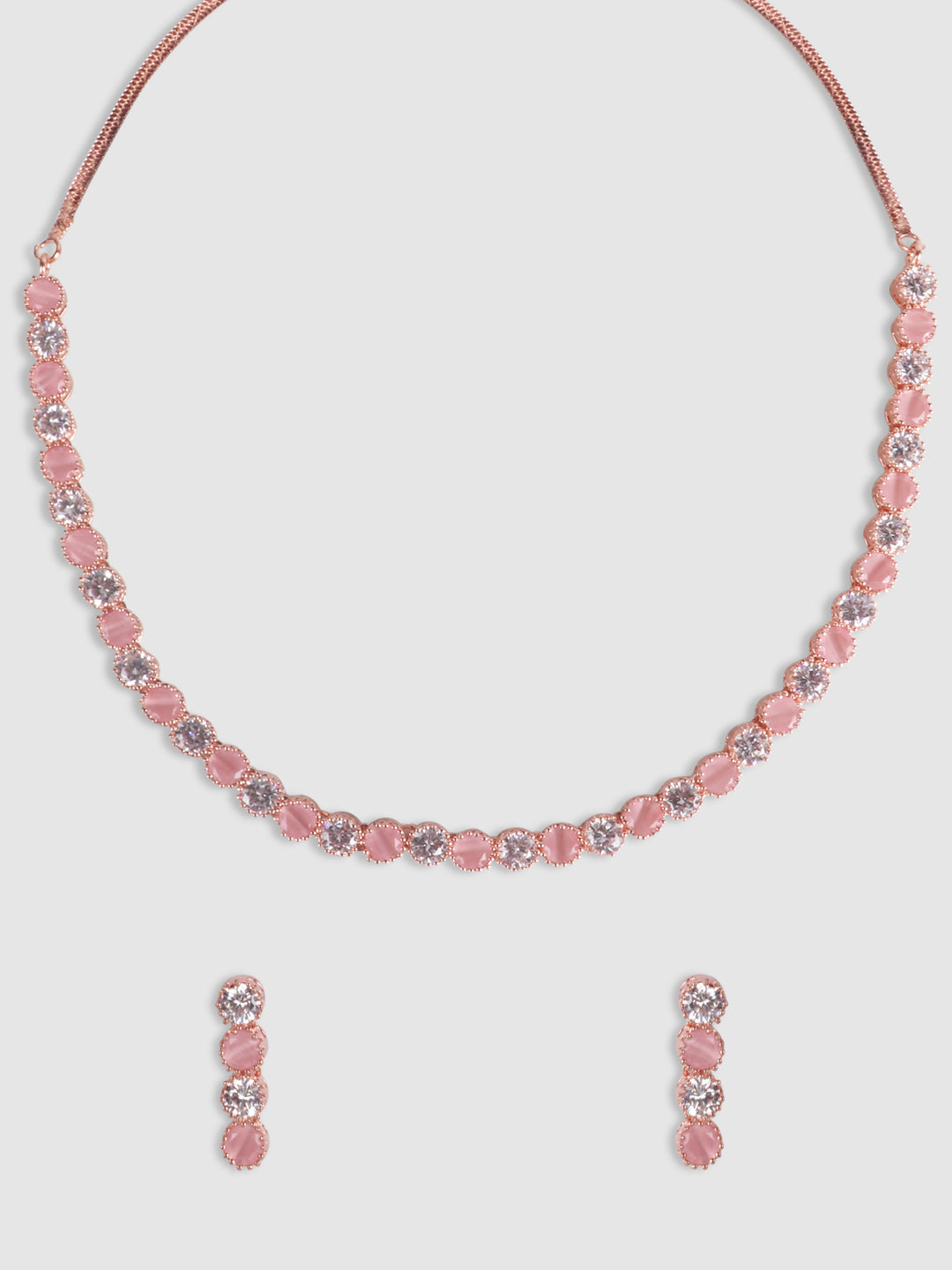 Pink Rose Gold-Plated American Diamond-Studded Handcrafted Jewellery Set