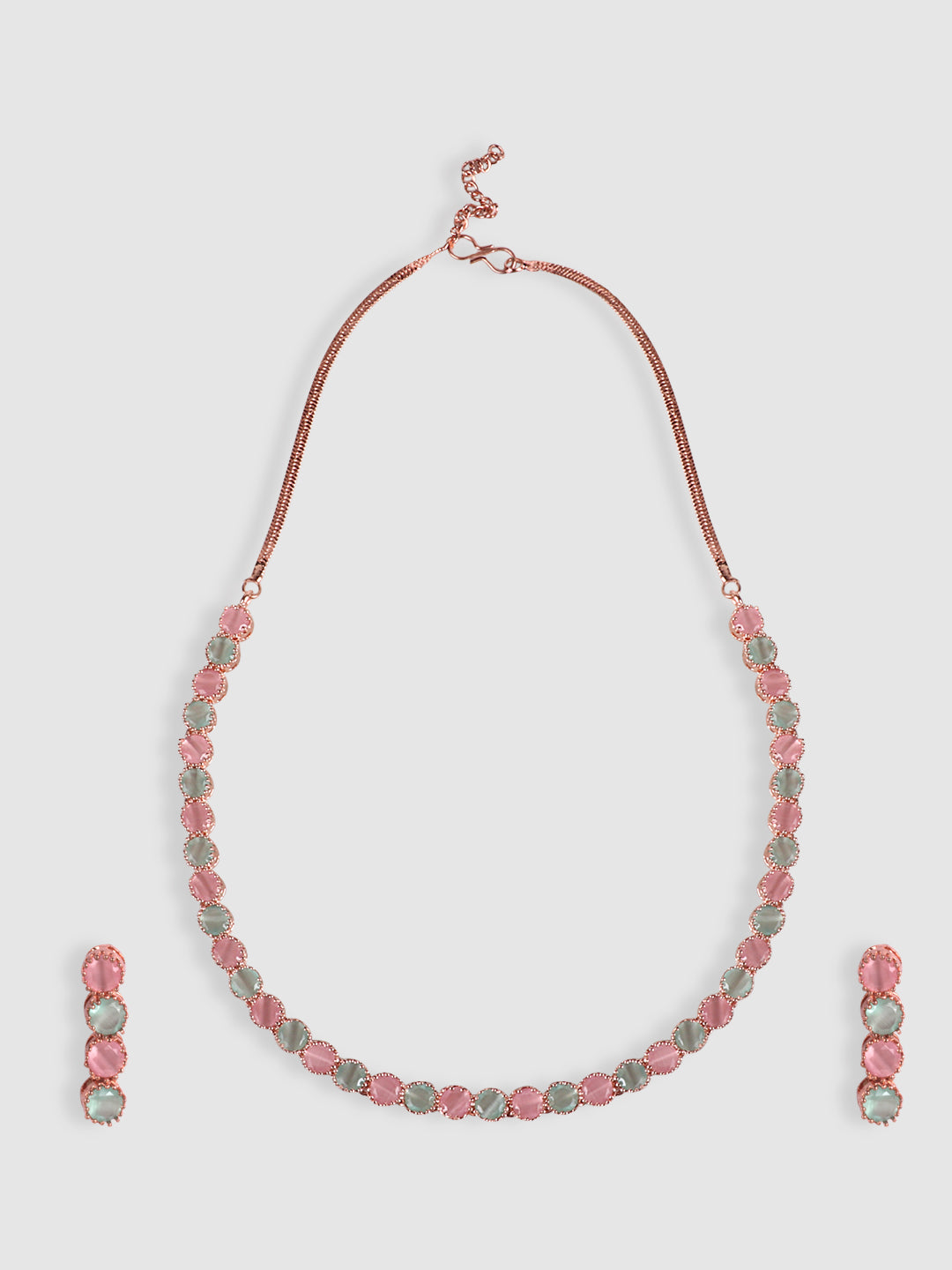 Rose-Gold-Plated Pink & Green American Diamond Studded Jewellery Set