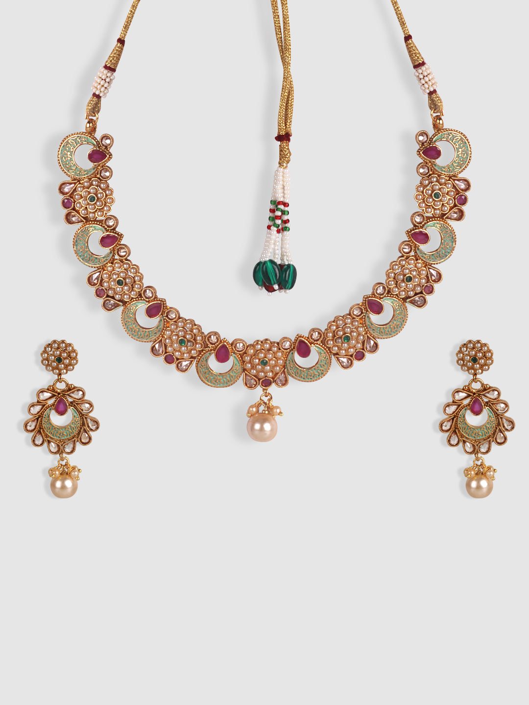 Gold-Plated Pink & Off-White AD-Studded & Beaded Meenakari Jewellery Set
