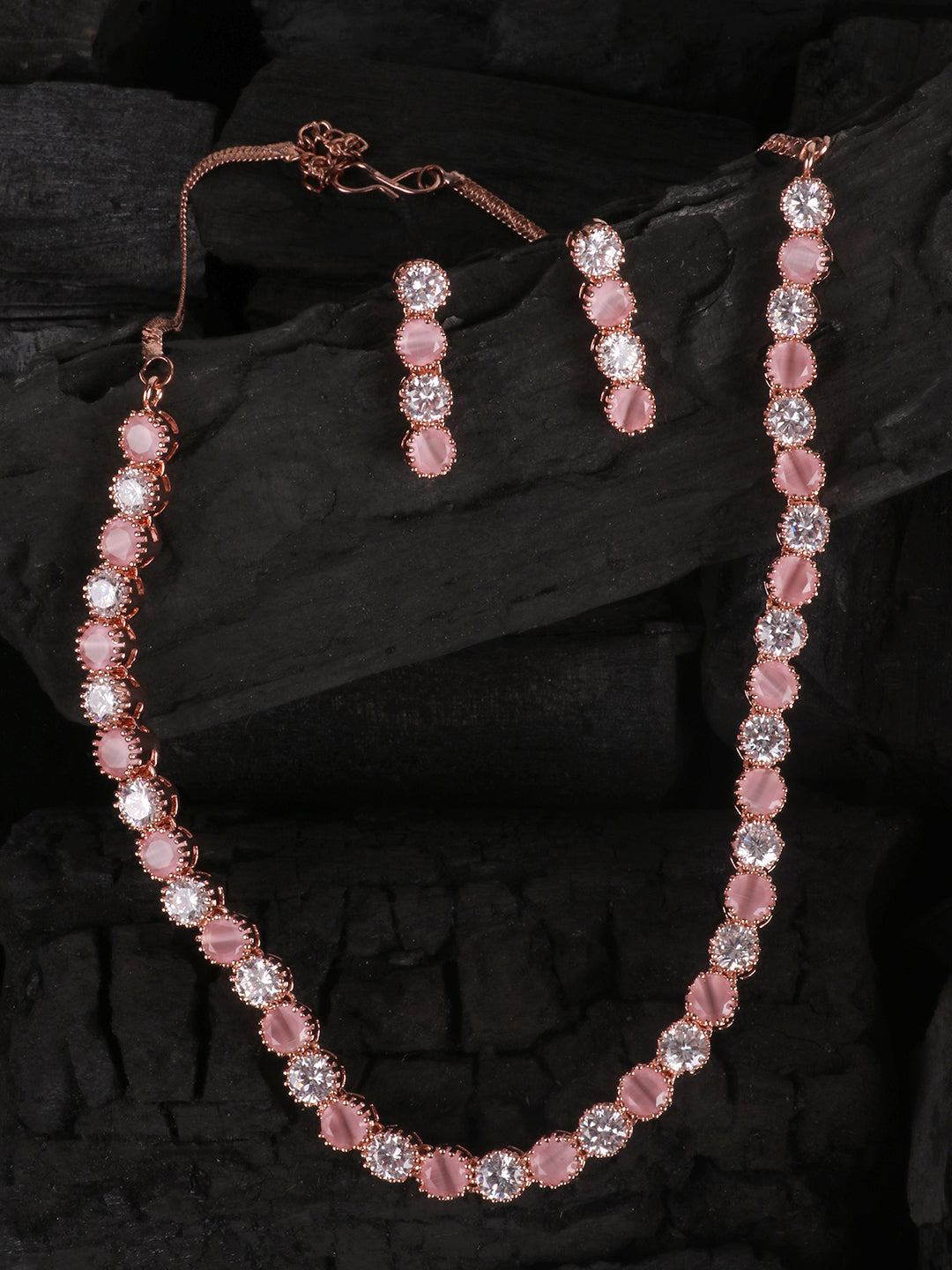 Pink Rose Gold-Plated American Diamond-Studded Handcrafted Jewellery Set