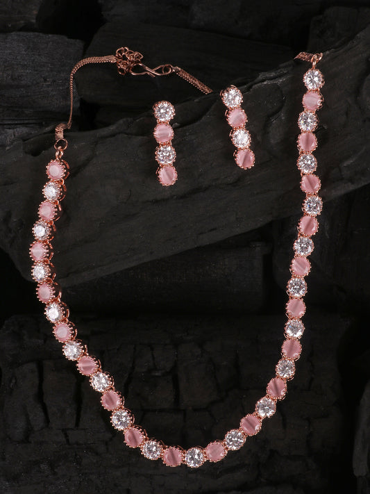 Pink Rose Gold-Plated American Diamond-Studded Handcrafted Jewellery Set