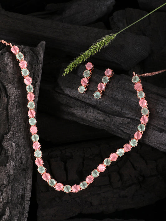 Rose-Gold-Plated Pink & Green American Diamond Studded Jewellery Set