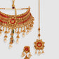 Gold Plated Floral Red Stone Studded Choker Set with Earrings & Maangtika